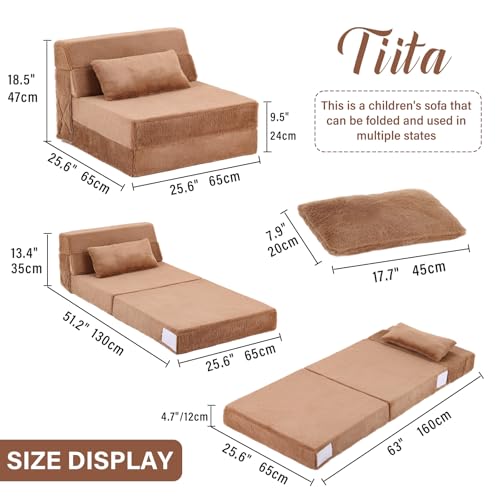 Image of Tiita Convertible Folding Kids Sofa Bed with Pillow & Storage Bag, Plush Fabric Floor Mattress Couch Bed, Washable Cover, Kids Room, Playroom, Dorm, Apartment, Brown