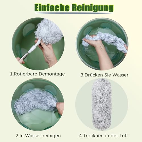 YUEVER Staubwedel Teleskop Waschbar 2pcs, Staubwedel Lang Ausziehbar bis 2.5m, Grau Staubwischer Mikrofaser mit Verbiegbare Eckbesen, für Männer, Frauen, Senioren, Hohe Decken, Leicht Wiederverwendbar