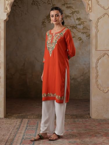 Image of QAZMI Women's Noor Kashmiri Aari Work Viscose Rayon Straight Kurta