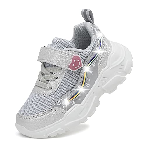 CNFootjky Toddler Girls Light Up Shoes Breathable Sport Casual Girls Shoes Adjustable Strap Flashing for Toddler Size 10 Silver