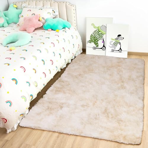 Oxford Homeware Rugs Living Room 60x110 cm – Tie-Dye Cream Area Rugs for Bedroom Anti Slip – Modern Super Soft Plush Carpets Fluffy Shaggy Rug for Lounge – Non Shedding Bedside Rug for Kids Room