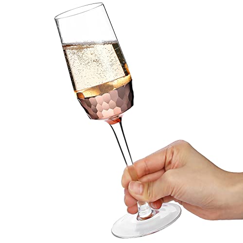 Mygift 8 Oz Premium Quality Flutes With Rose Gold Metal Hammered Design, Champagne Glass Set, Stemmed Holiday Toasting Drinkware, Set Of 4 #TOP5