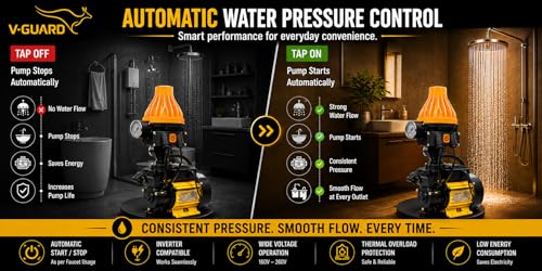 Image of V-Guard 0.5 HP Automatic Pressure Booster Pump with Dual Metal Torque Boost Technology, Inverter Compatible, for Household Use (Up to 2-3 Bathrooms), 1-Year On-Site Warranty, (Yellow)
