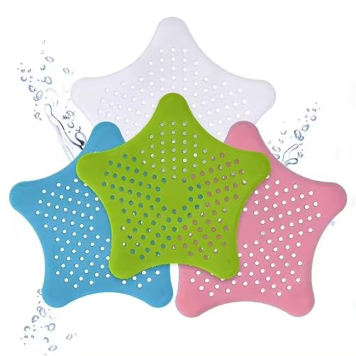 Drain Hair Catcher 3 Pack - Star Shaped Silicone Drain Cover with Strong Suction Cups - Kitchen Bathroom Shower - Prevents Clogs - 5.9 Inch (Pink, Red, White, Green, Blue, Black)