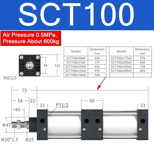 Vérin pneumatique SCT100 double effet avec une course de 50 mm - 2