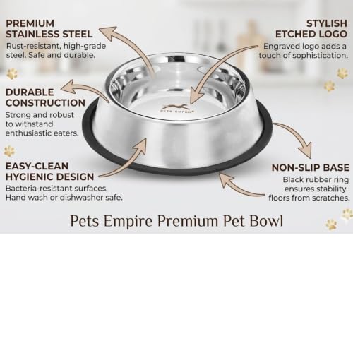 Image of Pets Empire Stainless Steel Dog Bowl with Anti-Skid Base (700 (ML) | Non-Slip Rubber Base, Food & Water Bowl, Mirror Finish, Easy to Clean, Dogs & Cats