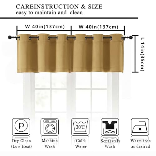 Image of Simplebrand Gold Window Valance for Kitchen 14 Inches Long 2 Panels Set, Room Darkening Valance Curtains for Living Room, Grommet Short Privacy Kitchen Curtains for Bedroom Kids Room, 40Wx14L
