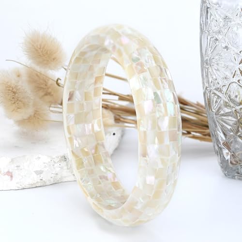 AeraVida Iridescent Mosaic of White Mother of Pearl Bangle Bracelet | Elegant Sterling Silver and Mother of Pearl Jewelry for Women | Stylish Mosaic Design Bracelet3