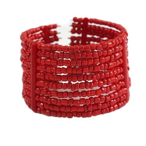 Bracelet manchette flexible fait main perles verre rouge Avalaya M