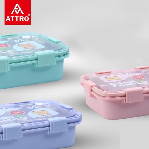 Image of Attro Bento 3 Deluxe Lunch Box with Inner Stainless Steel & Secure Lock Cute Eye Catchy Design Food Grade, Leakproof, Vacuum Seal Design Use for School Kids & Outdoor- 750ml Blue