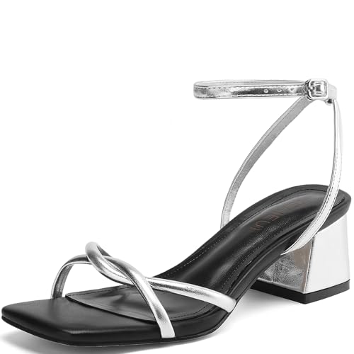Image of TEAIEUI Chunky Heels for Women, Square Open Toe Heeled Sandals, Strappy Ankle Strap Shoes for Dress, Party, Prom, Block Low Heel 2 inch