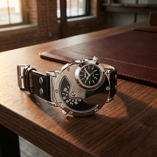 Image of MJSCPHBJK Men's Dual Dial Analog Watch - Unique 2-in-1 Timepiece with Japanese Quartz Movement, Stainless Steel Case, PU Leather Band, Dual Time Display, Fashion Dress Wrist Watch for Business Casual Wear