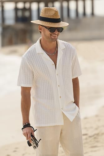 HOTake Men's Casual Summer Beach Shirts Button Down Short Sleeve Crochet Guayabera Shirts3