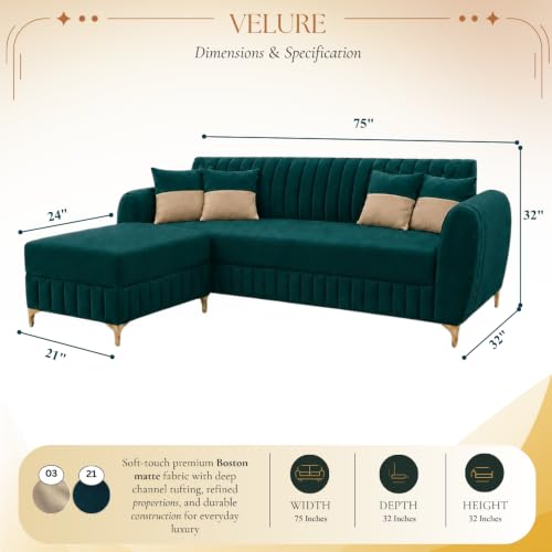 Image of CASASTYLE Signature Velour 4-Seater L-Shape Sofa Set with Movable Ottoman | Flexible LHS /RHS Layout | Boston Matte Fabric | 40D Foam + Zigzag Spring | 3-Yr Warranty (Ocean Green)