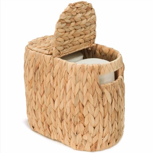Toilet Paper Basket with Lid & Handle, Wicker Toilet Paper Holder with Storage for 4 Rolls, Natural Water Hyacinth Toilet Paper Bin for Bathroom Home Decor Organizer