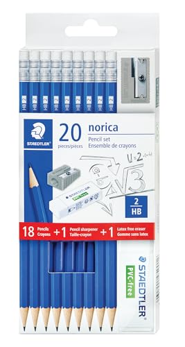 STAEDTLER Norica Pencil Set: 18 Pre-sharpened 2 HB Pencils with 1 Eraser & 1 Sharpener, Break-Resistant Lead
