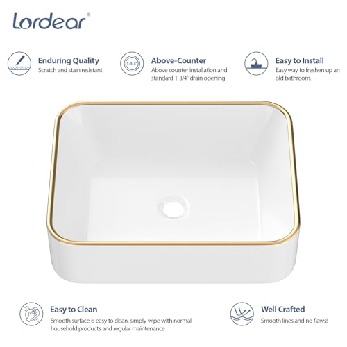 Lordear Vessel Sink Rectangle 19 Inch Bathroom Sink – Rectangular Modern Above Counter Bathroom Sink White 19x15 Inch Porcelain Ceramic Vanity Sink with Gold Trim Art Basin - Thumbnail 4