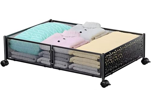 HAQIUHETO ベッド下収納 隙間収納 ベッド下収納 キャスター付き収納ボックス 折り畳み 衣装ケース 衣類 おもちゃ 収納 耐久性 大容量 合金鋼製 高さ15.8cm (ブラック)