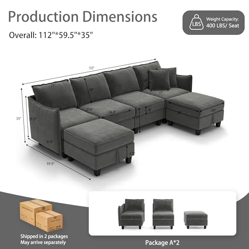 Image of Ihanherry 112 inch Modular U-Shaped Sectional Sofa, Modern 6-Seat Cloud Couch with 2 Storage Ottomans, Comfy Chenille Convertible Furniture Set for Living Room, Apartment, Easy Assembly, Dark Grey