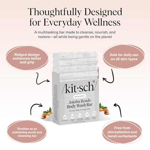 Image of Kitsch Jojoba Beads Exfoliating Body Wash Bar - Nourishing Bar Soap with Shea Butter & Aloe for Dry, Flaky Skin - Soap bar & Body Scrub for Smooth, Refreshed Skin - Rosemary & Cedarwood Scent - 4 oz