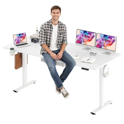 Image of SANODESK Electric Standing Desk 79 x 32 Inches, Height Adjustable Sit Stand with Large Splice Board Desktop for Home Office, Computer Workstations,Memory Ergonomic Computer Desk, White Frame /White Top
