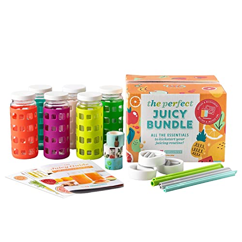 Image of Juicing Bottles Kit - The Perfect Juicy Bundle Includes 16 oz Clear Glass Jars, Leakproof Lids, Silicone Straws & Sleeves, Recipe Book - Storage for Juices, Smoothies, Waters, Teas …