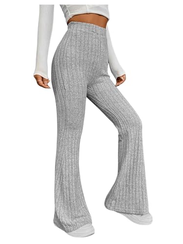 WDIRARA Women's Elastic High Waist Flare Pants Ribbed Knit Bell Bottom Trousers