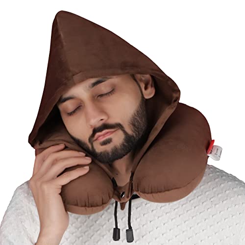 Image of Trajectory Travel Neck Pillow Rest Cushion with Hood for Comfort Sleep and Travel in Plane Flight Car Train Airplane for Orthopedic Cervical Pain (Neck Pillow with Cap Brown)