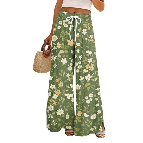 Flowy Pants for Women Wide Leg High Elastic Waist Adjustable Knot Casual Trousers Business Work Pant with Pockets