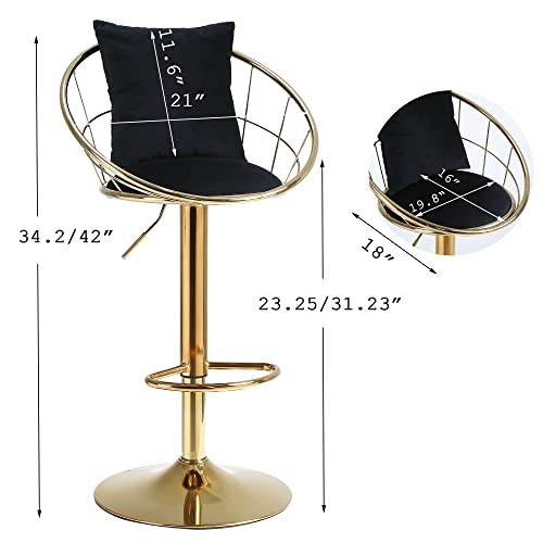 Bar Stools Set Of 2, Velvet Counter Height Adjustable Barstools 360° Swivel With Back And Gold Metal Base, Dining Bar Chairs Upholstered Modern Bar Stool For Kitchen Island, Bar, Dining Room (Black) #TOP1