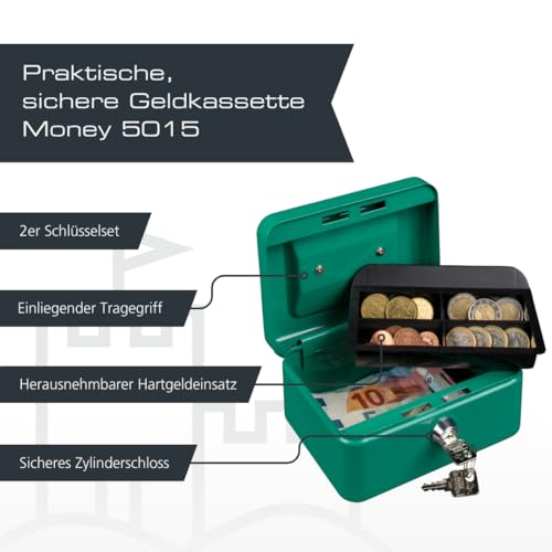 Burg-Wächter Geldkassette abschließbar mit Schlüssel und Hartgeldeinsatz, Klein, Stahlblech, Money 5015, Türkis-Grün