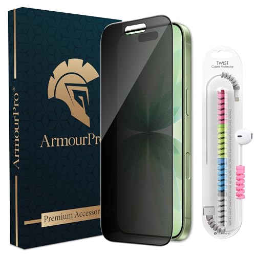 Image of ArmourPro Matte Privacy Tempered Glass for iPhone 17, iPhone 16 Pro, Anti-Spy Anti-Glare Screen Protector, Edge-to-Edge Full Coverage, 9H Anti Scratch, Smooth Touch, Easy Installation Kit with Cable Protector