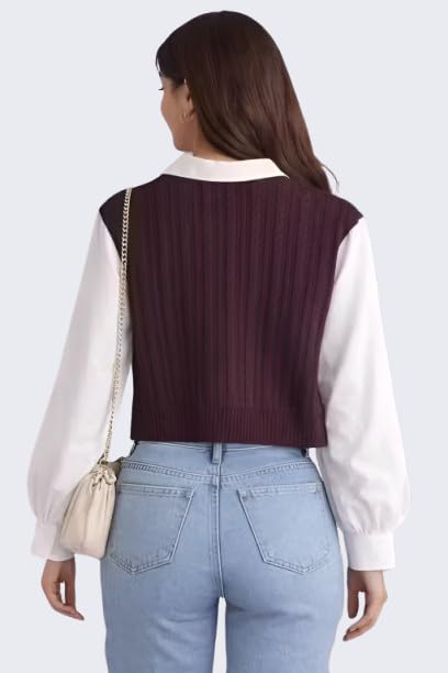 Image of Regular Fit Collared Knit Top for Women, Long Sleeve Casual T-Shirt, Black and White, Rib-Knit Material, Korean Trendy Style