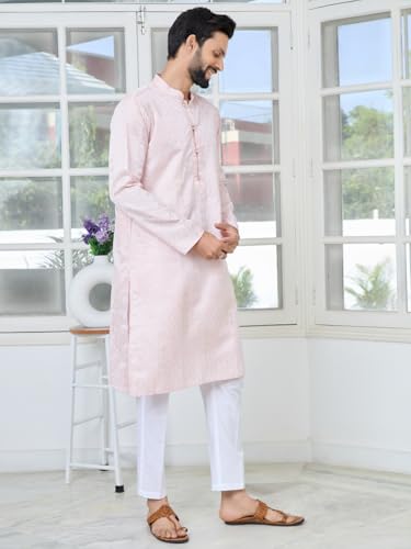 Image of See Designs Men's Full Sleeve Mandarin Collar Floral Embroidered Mandarin Collar Thread Work Straight Long Kurta with Pyjama - Festive Collection