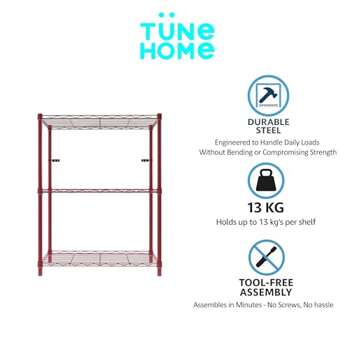 Image of 3-Shelves Wheels Heavy Duty Steel Storage Rack | Multipurpose Shelving Unit for Kitchen, Home & Utility | Red, 3 Shelves Wheels