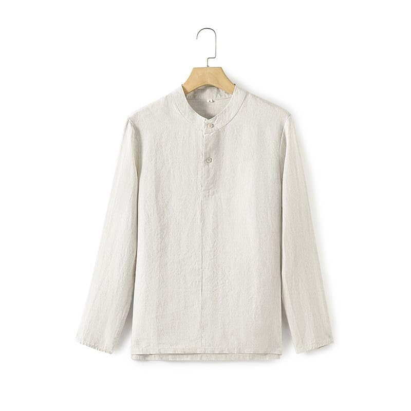 Ropa de lino para hombre camisa holgada de cuello mandarin blanca 3