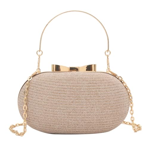 TAKOXIA Bolso de noche de piel sintética brillante con forma ovalada con asa superior y cadena cruzada, para boda, fiesta, pequeño bolso redondo, Gold, As shown in the figure
