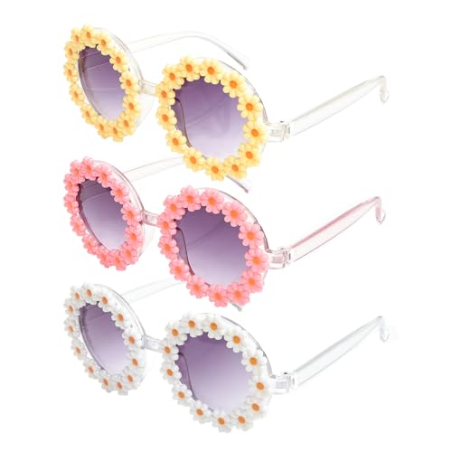 Topbuti Girls Round Daisy Flower Sunglasses Flower Shaped Cute Glasses UV 400 Protection Outdoor Beach Eyewear Girl Boy Gifts (3 White Pink Yellow)