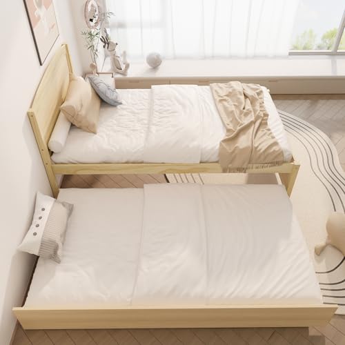 Image of Xilingol Trundle Bed Twin, Solid Wood Bed Frames with Headboard and Wooden Slats Support, Twin Trundle Bed Frame Roll Out, Single Box (No Box Spring Needed)