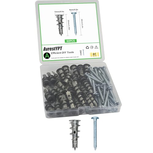 AvrestYPT Zinc Self-Drilling Drywall Anchors with Screws Kit, 30 Heavy Duty Metal Wall Anchors and 30#8 x 1-1/4'' Screws - 60 Pieces All Together