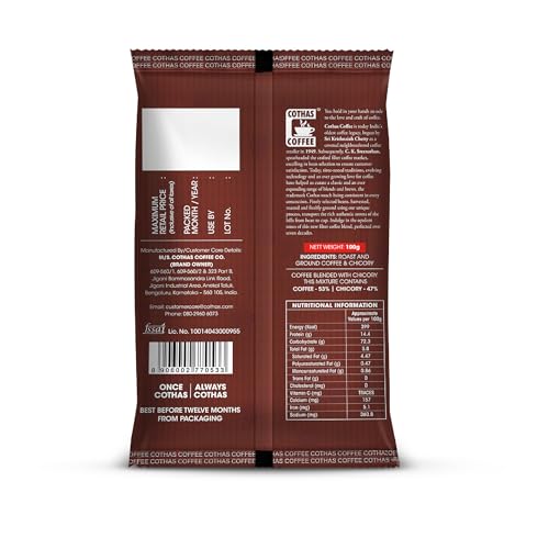 Image of Cothas Deccan Brew Strong Filter Coffee Powder | Roasted & Blended Signature Mix of 53% Coffee & 47% Chicory | Traditional South Indian | Rich Aroma & Strong Taste | 100g Pack