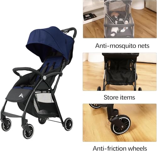 Alivio Lightweight Pushchair, Folding Baby Stroller 0-3 Years, Toddlers Travel Stroller with Mosquito Nets, Shoulder Strap, Anti-Friction & Wheels (Blue) - Image 3
