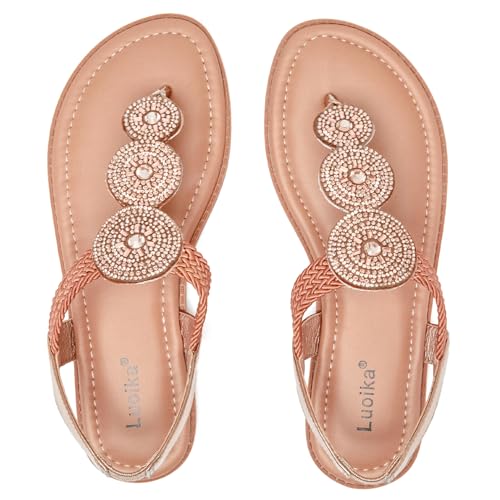 Luoika Women's Wide Width Flat Sandals, Flip Flop Thong Sandals Strappy Rhinestone Comfortable Summer Beach Shoes for Women.