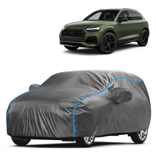 Image of Kerwa Car Body Cover Waterproof with SQ5, Dust & UV Resistant All-Weather Proof Full Body Cover, Grey with Blue Lining, Triple Stitched Elastic Bottom with Mirror Pocket