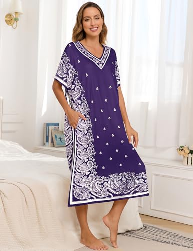 Image of Bloggerlove Women's Caftan Nightgown with Pockets, Long House Dress | Half Sleeve, Kaftan, Mumu Dress, Sleepwear, V-Neck, Full Length, Lounge Dress, 2 Side Pockets