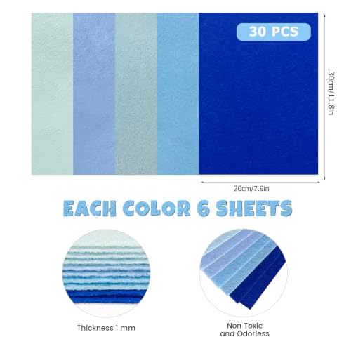 Image of 30Pcs Stiff Felt Sheets, 1mm Thick Felt Fabric Squares for Sewing & DIY | 5 Shades Of Blue Assorted Colors Craft Felt, Hard Felt, Thick Felt & Felt Paper for Patchwork, Home Decor & Handmade Projects