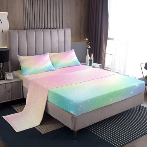 Homemissing Juego de sábanas de galaxia arcoíris, tamaño King, decoración de dormitorio de arcoíris de ensueño para niños, mujeres y hombres, sábana bajera ajustable de bolsillo profundo, colorido, 4