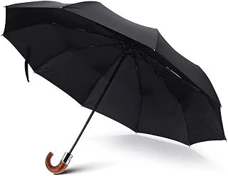 Premium Curved Handle Automatic Umbrella Windproof, Imitation Wooden Handle Travel Folding Umbrella Portable Black Rain Umbrella Auto Mens Umbrella