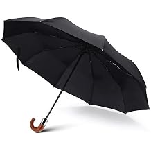 Premium Curved Handle Automatic Umbrella Windproof, Imitation Wooden Handle Travel Folding Umbrella Portable Black Rain Umbrella Auto Mens Umbrella