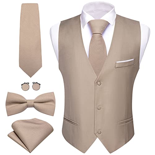 Barry.Wang Chaleco formal para hombre, cuello en V, ajustado, casual, color sólido, corbata de moño, para boda, fiesta, traje de esmoquin, Luz De Color Caqui, L